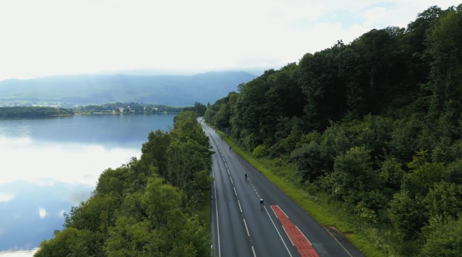 Cyclists on the Lakesman bike course beside Bassenthwaite Lake